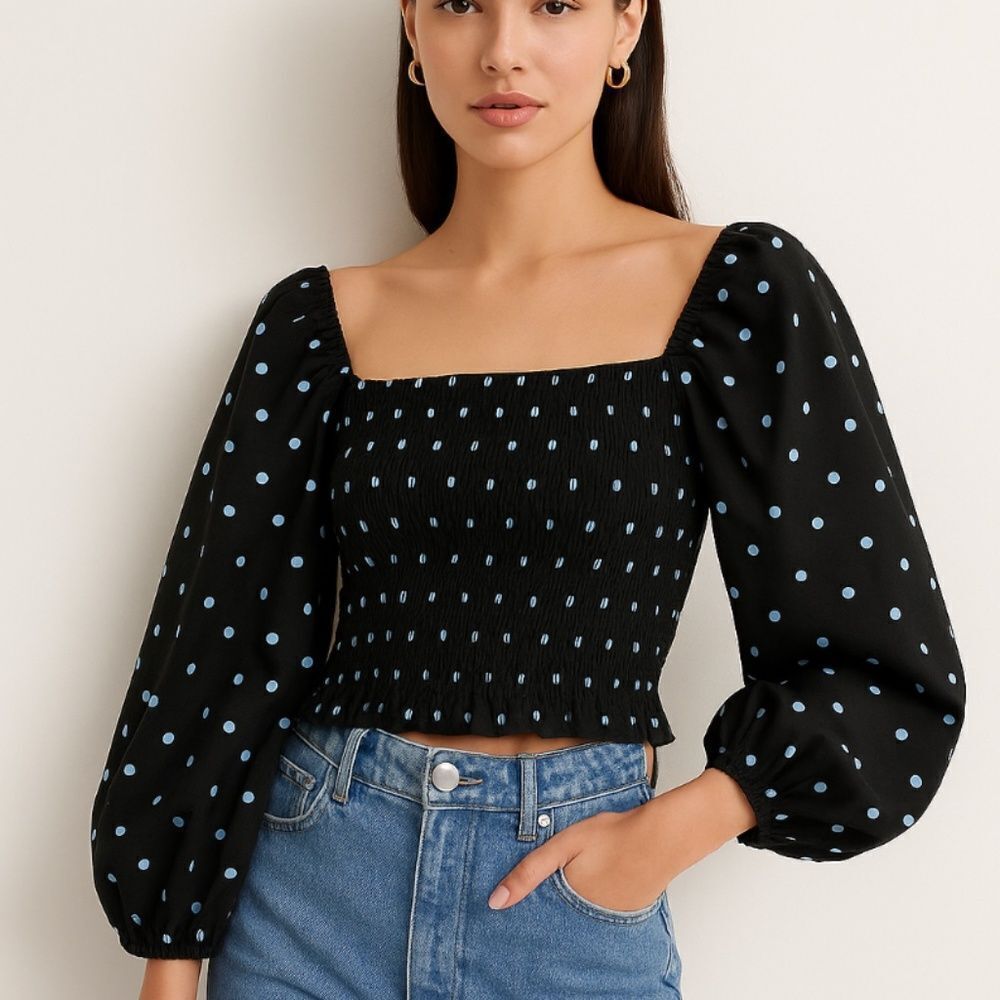 Urban Revivo Black Polka Dot Smocked Puff Sleeve Top Size L (US 8)